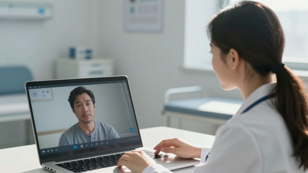 Doctor și pacient interacționând prin intermediul telemedicinei.