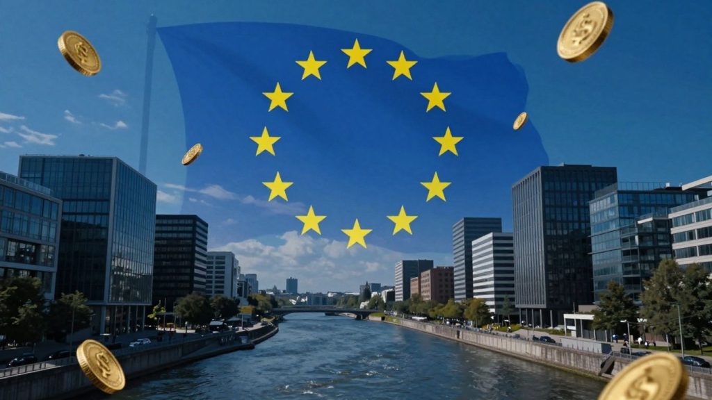 Clădiri moderne și monede aurii, simbolizând fonduri europene.