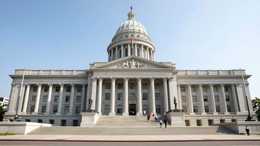 Clădire guvernamentală cu coloane și steaguri.