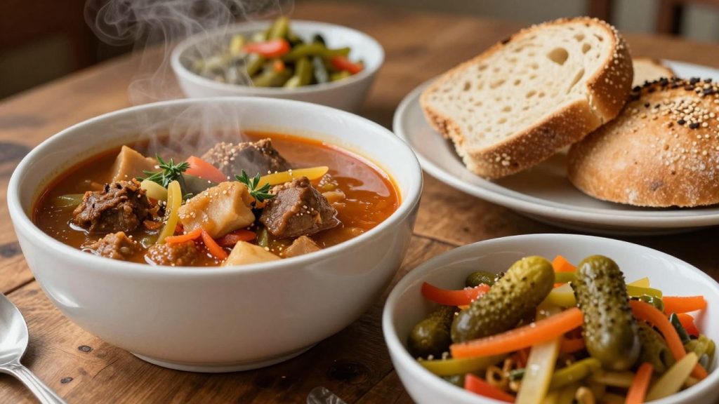 Mâncare tradițională românească pe o masă de lemn.