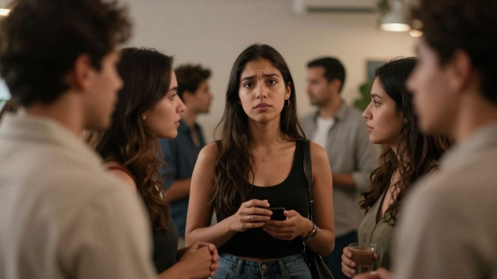 Femeie timidă la o petrecere, ezitând să se alăture.