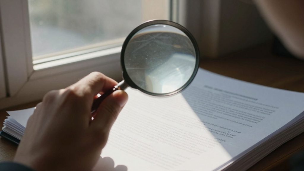 Mână cu lupă peste documente oficiale.