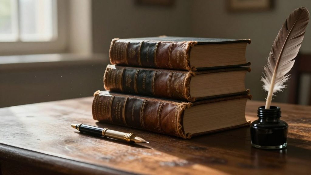 Cărți vechi, peniță și cerneală pe o masă.