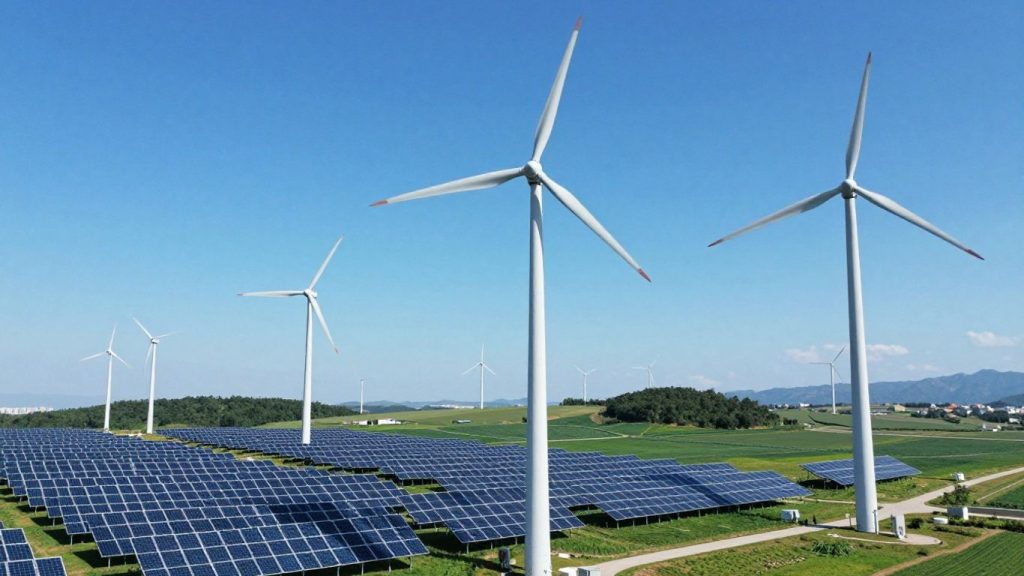 Turbine eoliene și panouri solare în peisaj însorit.