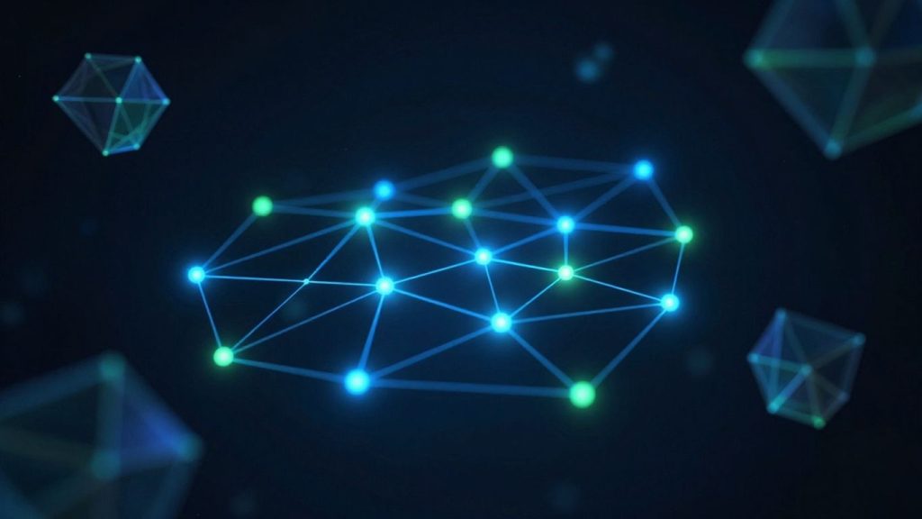 Rețea digitală descentralizată cu noduri interconectate luminoase.