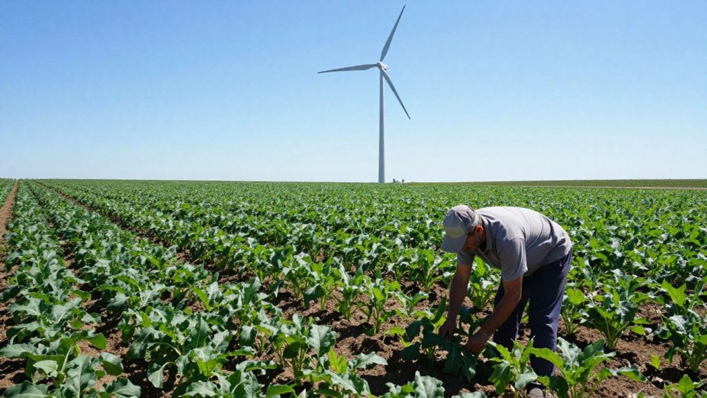 Agricultură sustenabilă cu turbine eoliene și culturi verzi.