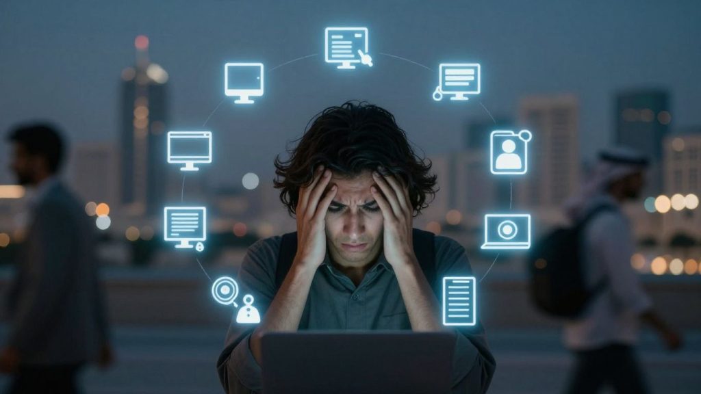 Persoană copleșită de viața modernă agitată.