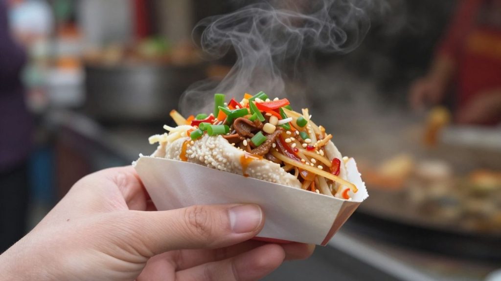 Mâncare delicioasă de street food într-o mână.