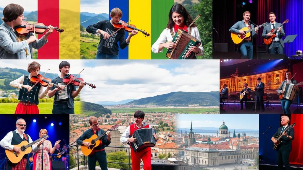 Diversitatea muzicii românești: instrumente, costume, artiști.