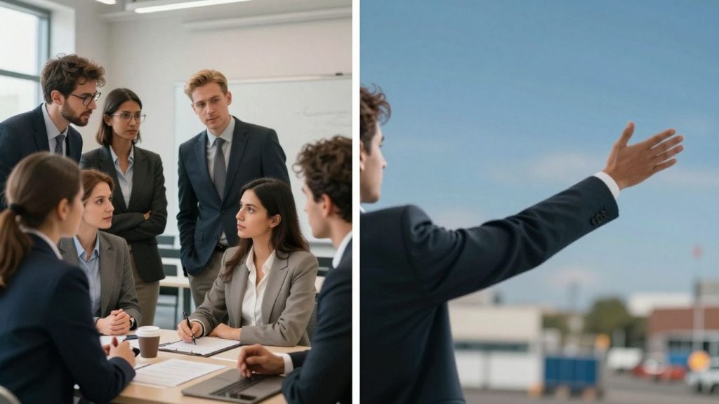 Oameni interacționând pe piața muncii.