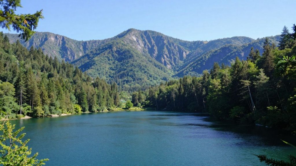 Peisaj natural vast cu păduri, apă și munți.