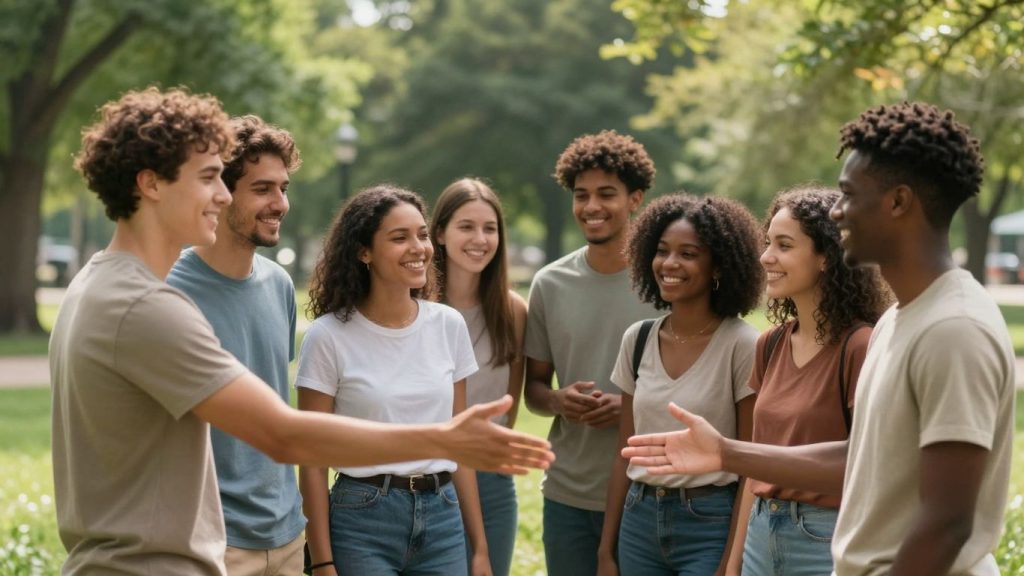 Grup de oameni zâmbind și interacționând într-un parc.