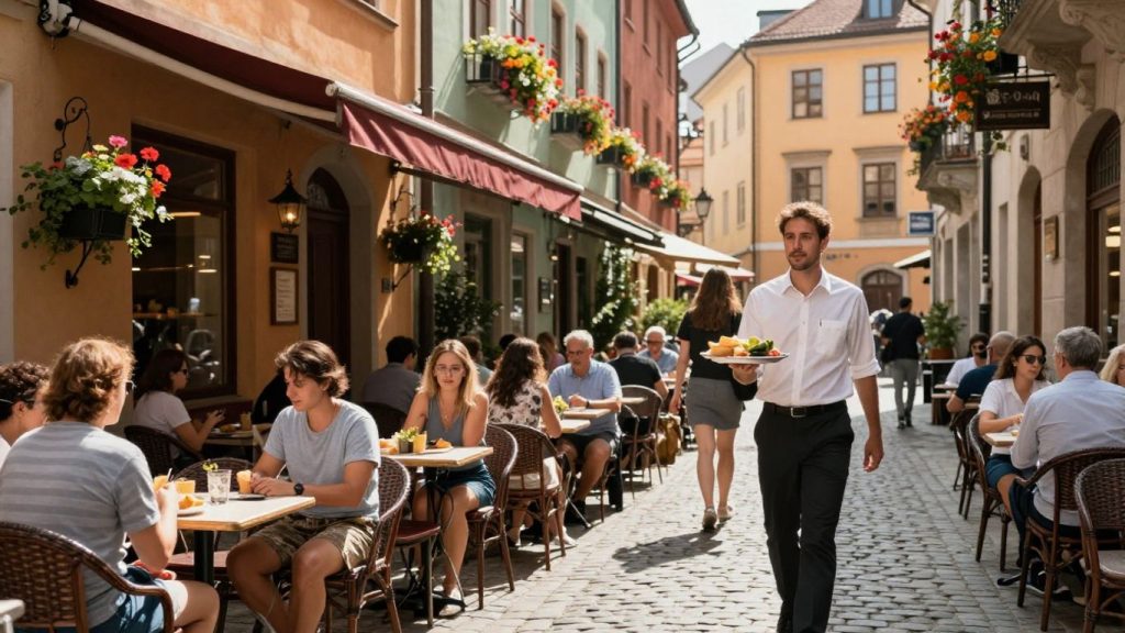 Oameni la o terasă locală, mâncare, clădiri colorate.