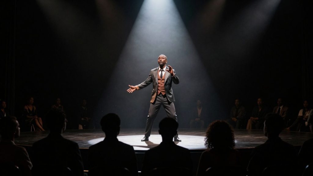 Actor pe scenă sub lumina reflectoarelor în timpul unei piese.