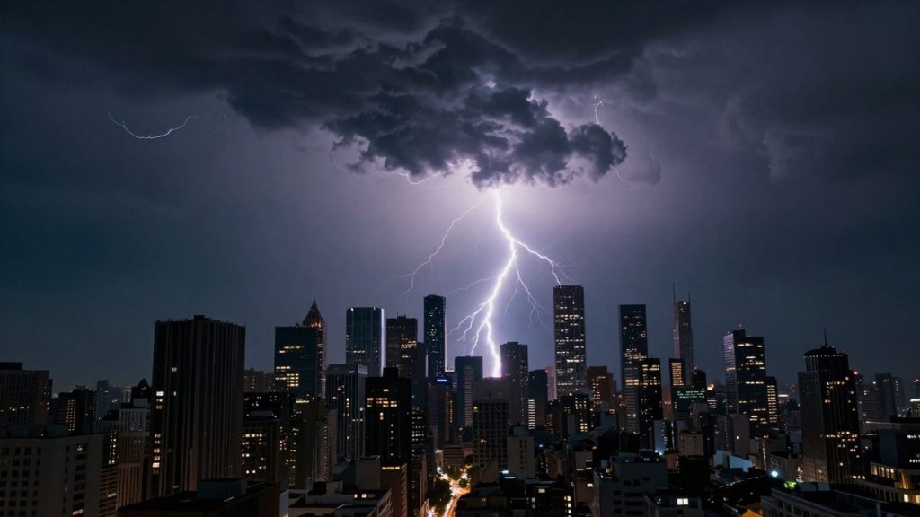 Norii furtunii lovind un oraș sub un cer învolburat.