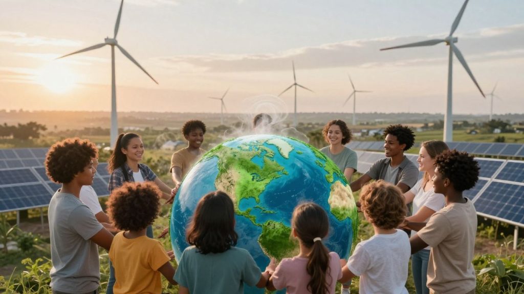 Planeta Pământ înconjurată de oameni și energie curată.