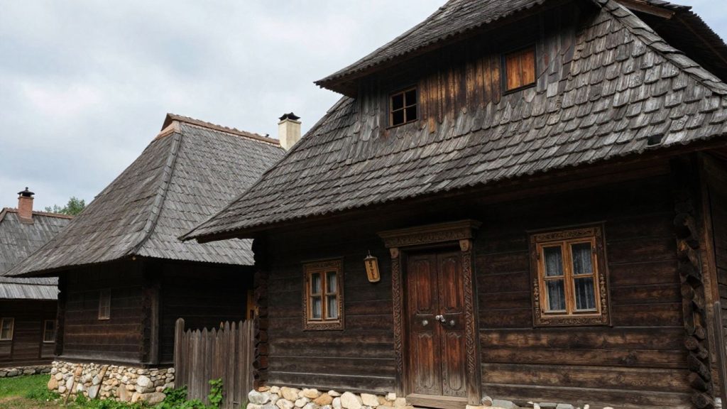 Case tradiționale românești din lemn cu acoperișuri abrupte.
