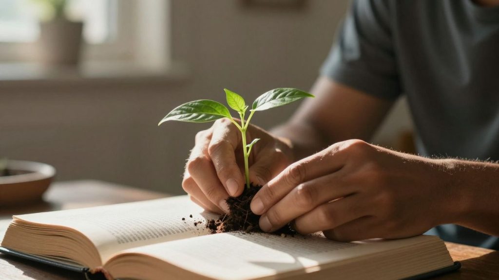 Dezvoltare personală în ritmul propriu, îngrijind o plantă.
