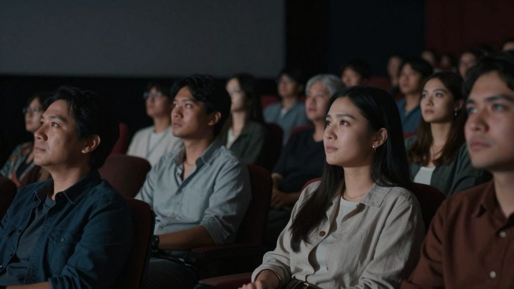 Oameni privind un film pe ecran mare.