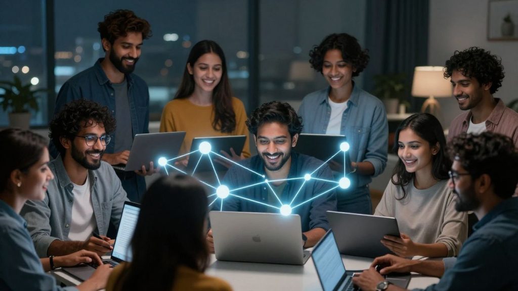 Oameni interacționând online, conexiuni digitale vizibile.