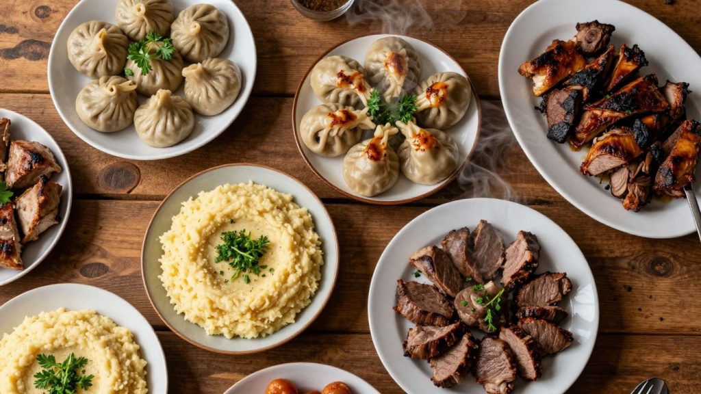 Mâncare tradițională românească pe o masă din lemn.