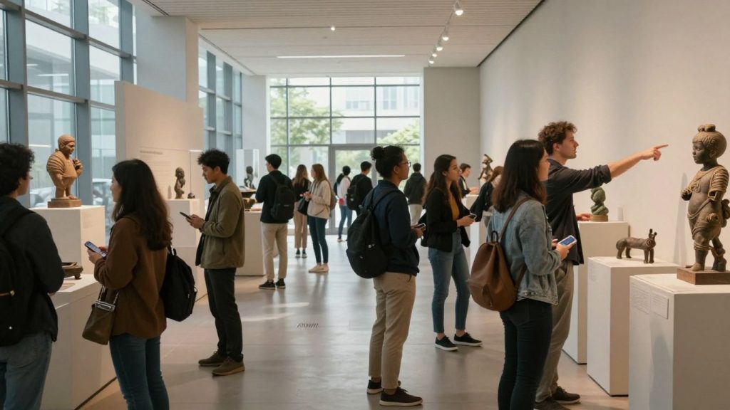 Oameni admirând exponate într-un muzeu luminos.