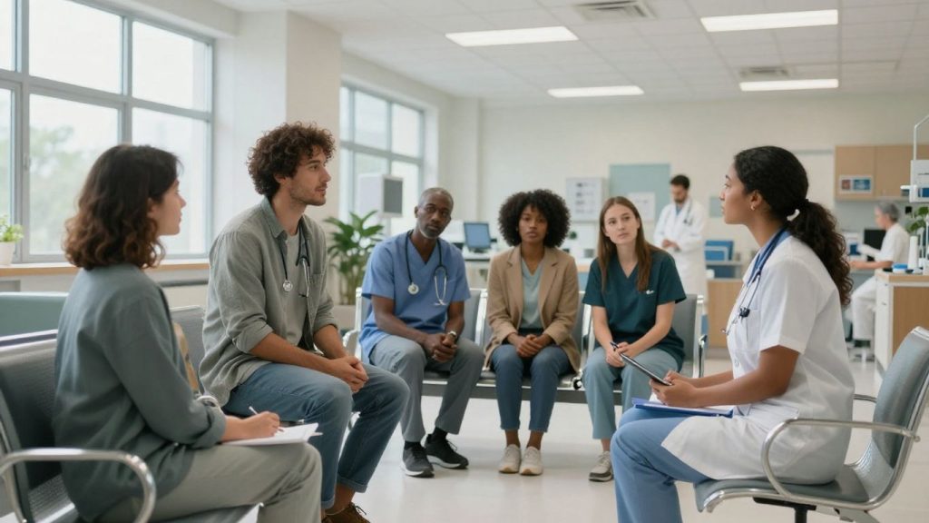 Oameni într-o clinică medicală modernă, primind îngrijiri.