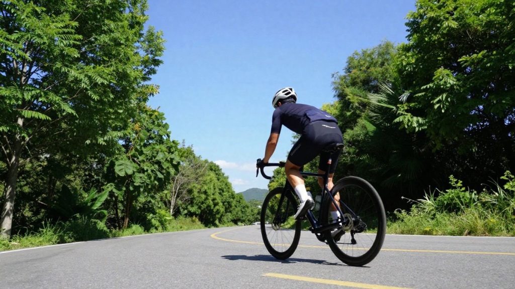 Ciclist pe un drum asfaltat înconjurat de natură.