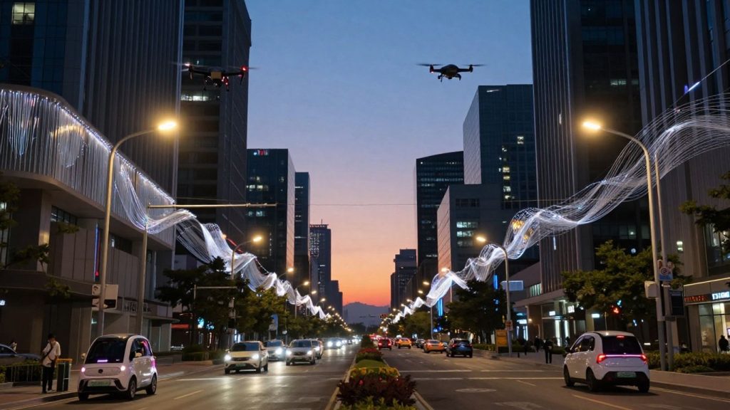 Oraș inteligent cu infrastructuri moderne și lumini strălucitoare.