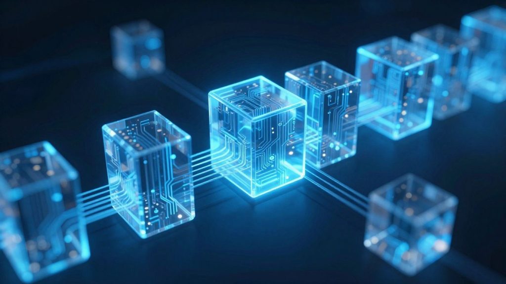 Rețea de blocuri digitale interconectate, lumină albastră.