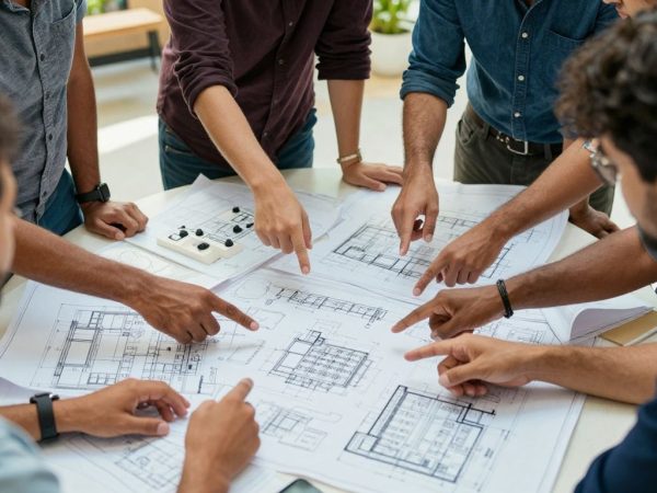 Oameni discutând planuri de dezvoltare locală la o masă.