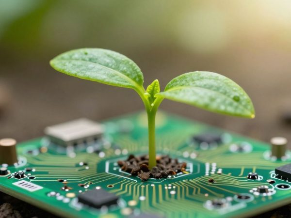 Tehnologie verde crescând din pământ cu elemente digitale.