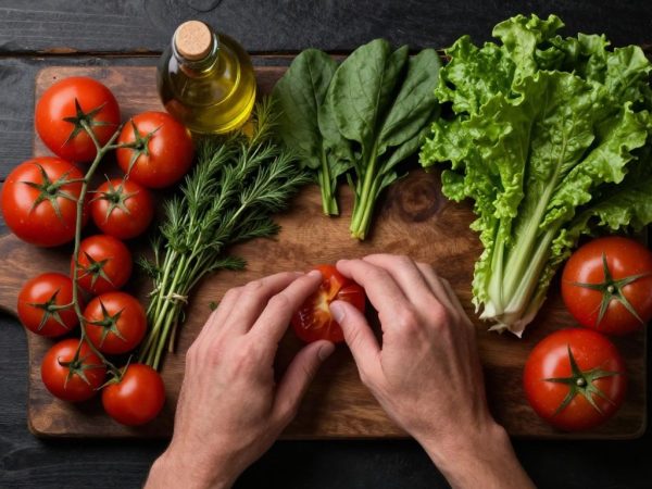 Ingrediente proaspete pe o masă de lemn, gata pentru gătit.