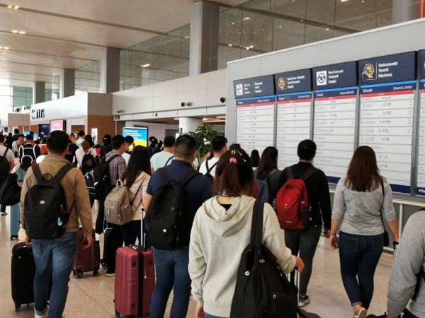 Călători internaționali în aeroport cu bagaje.