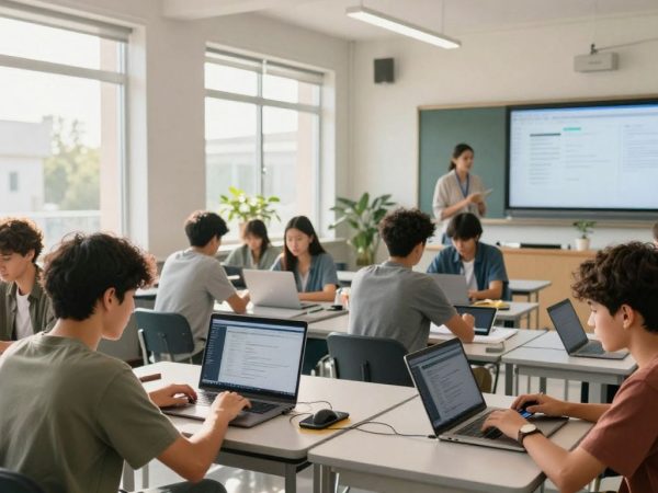 Elevi folosind dispozitive digitale într-o sală de clasă modernă.