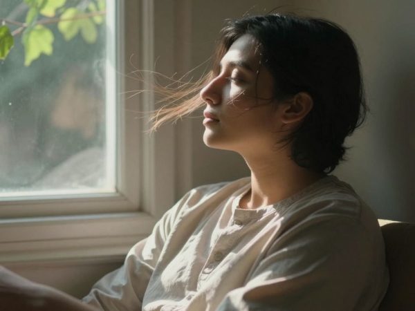 Persoană relaxată lângă fereastră, lumină solară, natură.