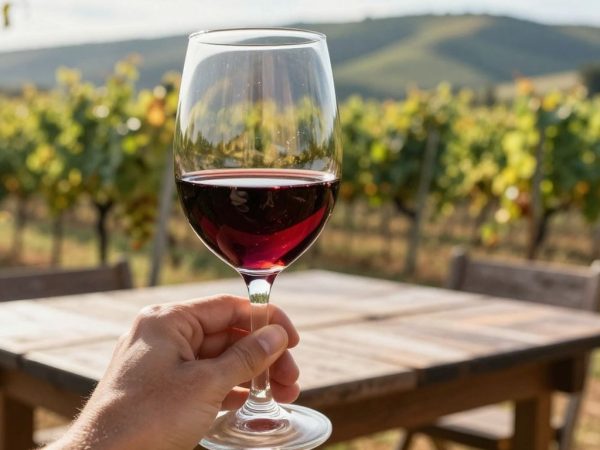 Sticlă de vin roșu și peisaj viticol.