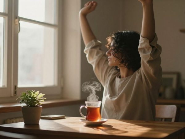 Femeie întinzându-se lângă fereastră cu o ceașcă de ceai.