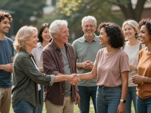 Oameni zâmbind și interacționând în comunitate.