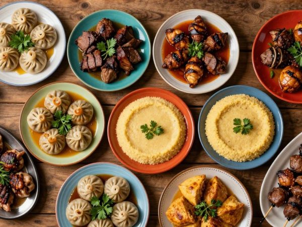 Masa plină cu mâncare tradițională românească din diverse regiuni.