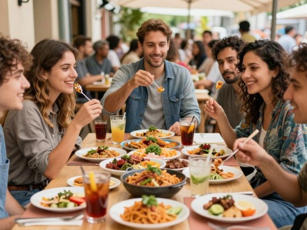 Turiști savurând mâncare delicioasă într-un tur gastronomic.