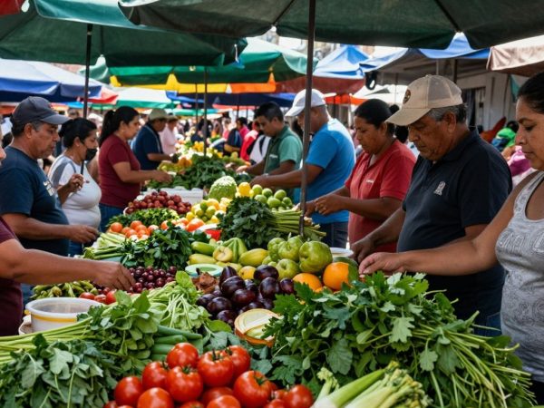 O piață locală plină de viață cu produse proaspete.