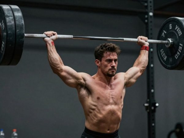 Halterofil ridicând o bară grea deasupra capului.