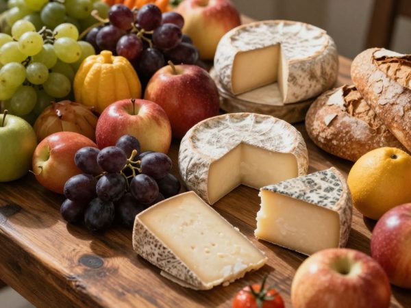 Masa plină cu produse locale proaspete și colorate.