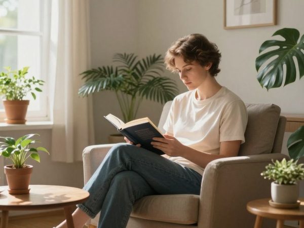 Camera ordonată și luminoasă, cu plante și o persoană relaxată.