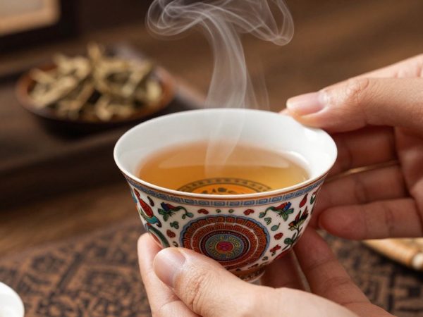 Ceai tradițional, ceașcă decorată, ceremonie culturală.