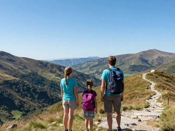 Familie bucurându-se de peisaj montan, soare și cer senin.