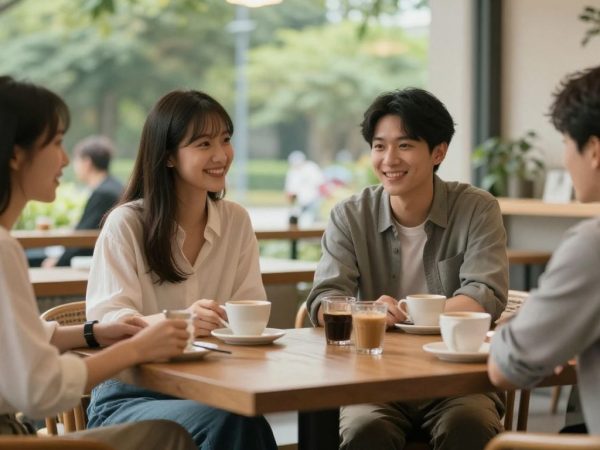 Oamenii interacționează liniștiți într-un cadru social relaxat.