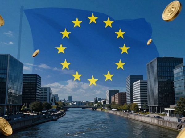 Clădiri moderne și monede aurii, simbolizând fonduri europene.