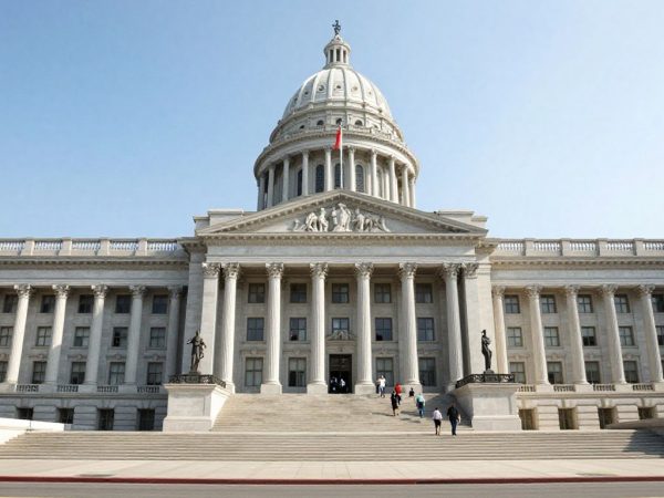 Clădire guvernamentală cu coloane și steaguri.